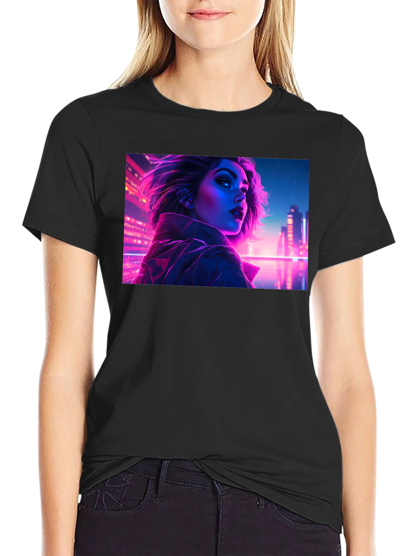Cyberpunk Neon Woman Graphic Tee - Black