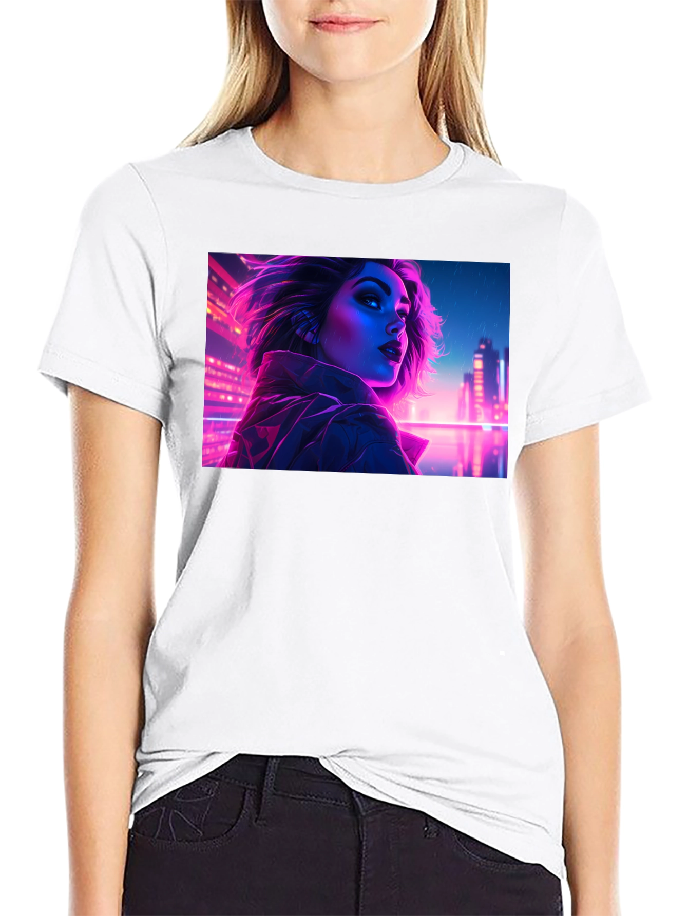 Cyberpunk Neon Woman Graphic Tee - Black