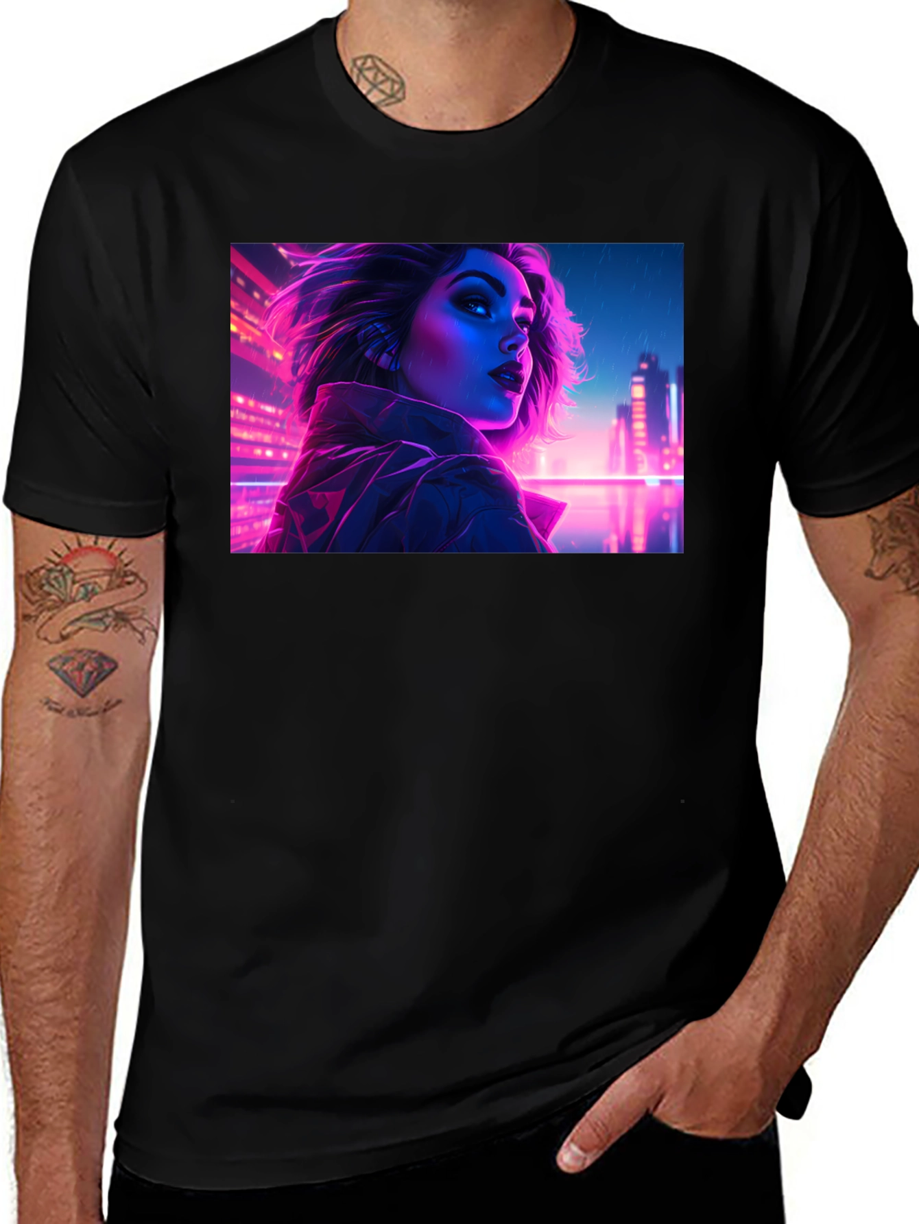 Cyberpunk Neon Woman Graphic Tee - Black