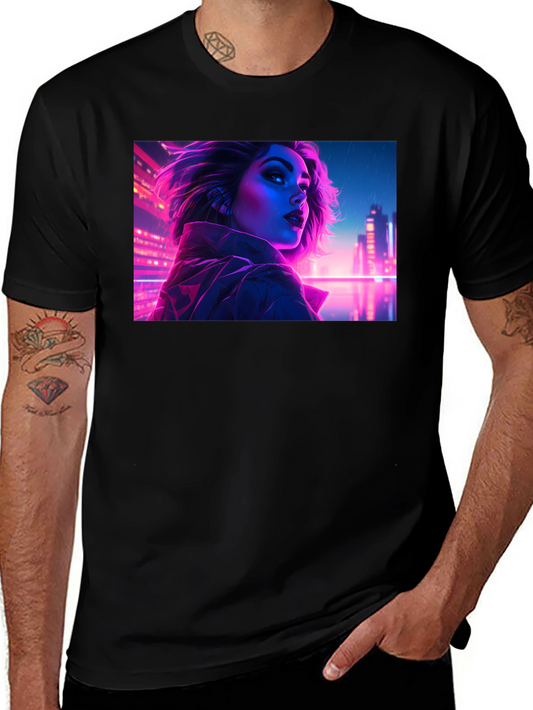 Cyberpunk Neon Woman Graphic Tee - Black