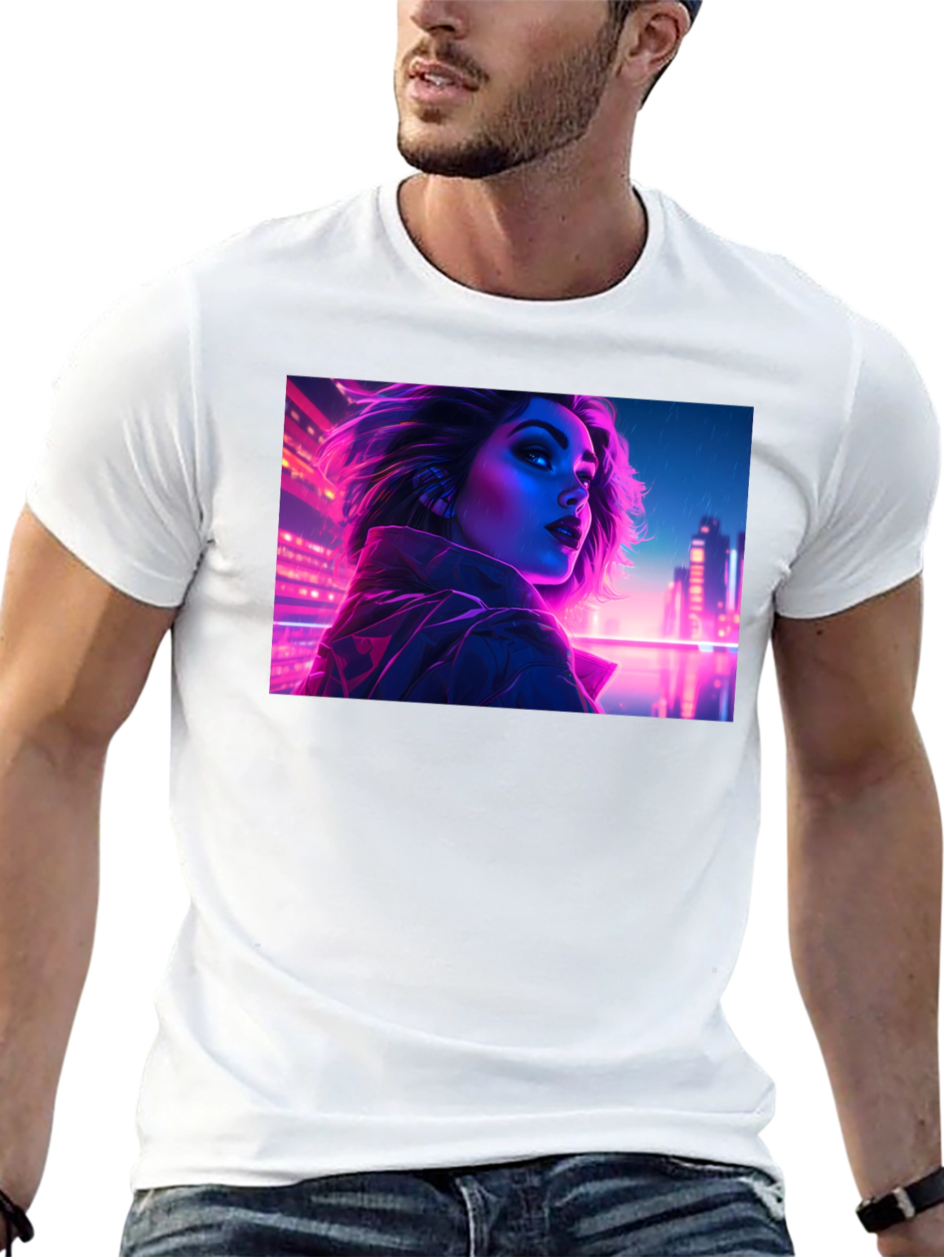 Cyberpunk Neon Woman Graphic Tee - Black