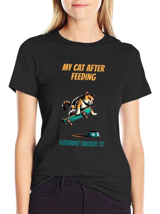 Funny Cat Skateboard T-Shirt - My Cat After Feeding