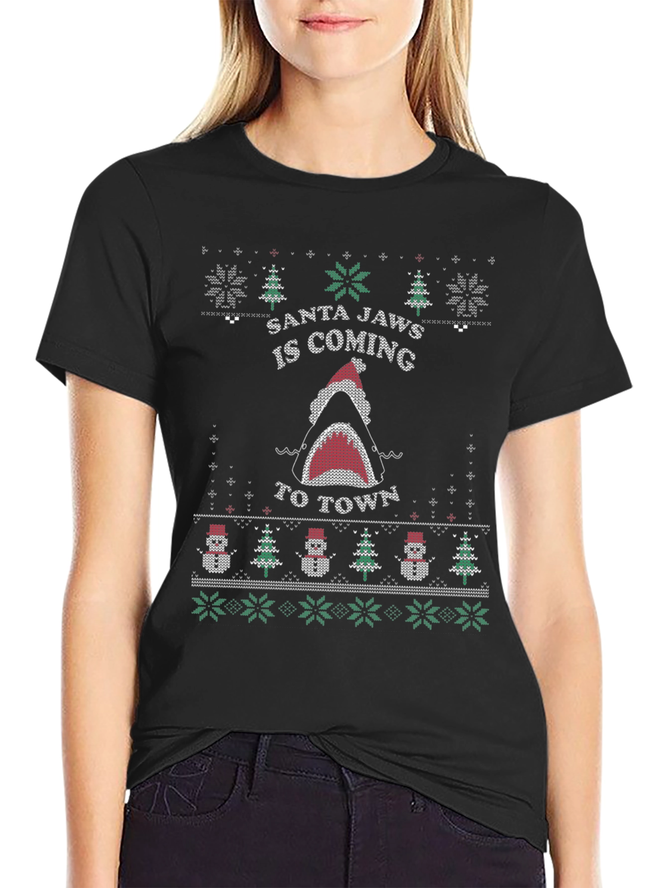 Santa Jaws Ugly Christmas Sweater Style T-Shirt