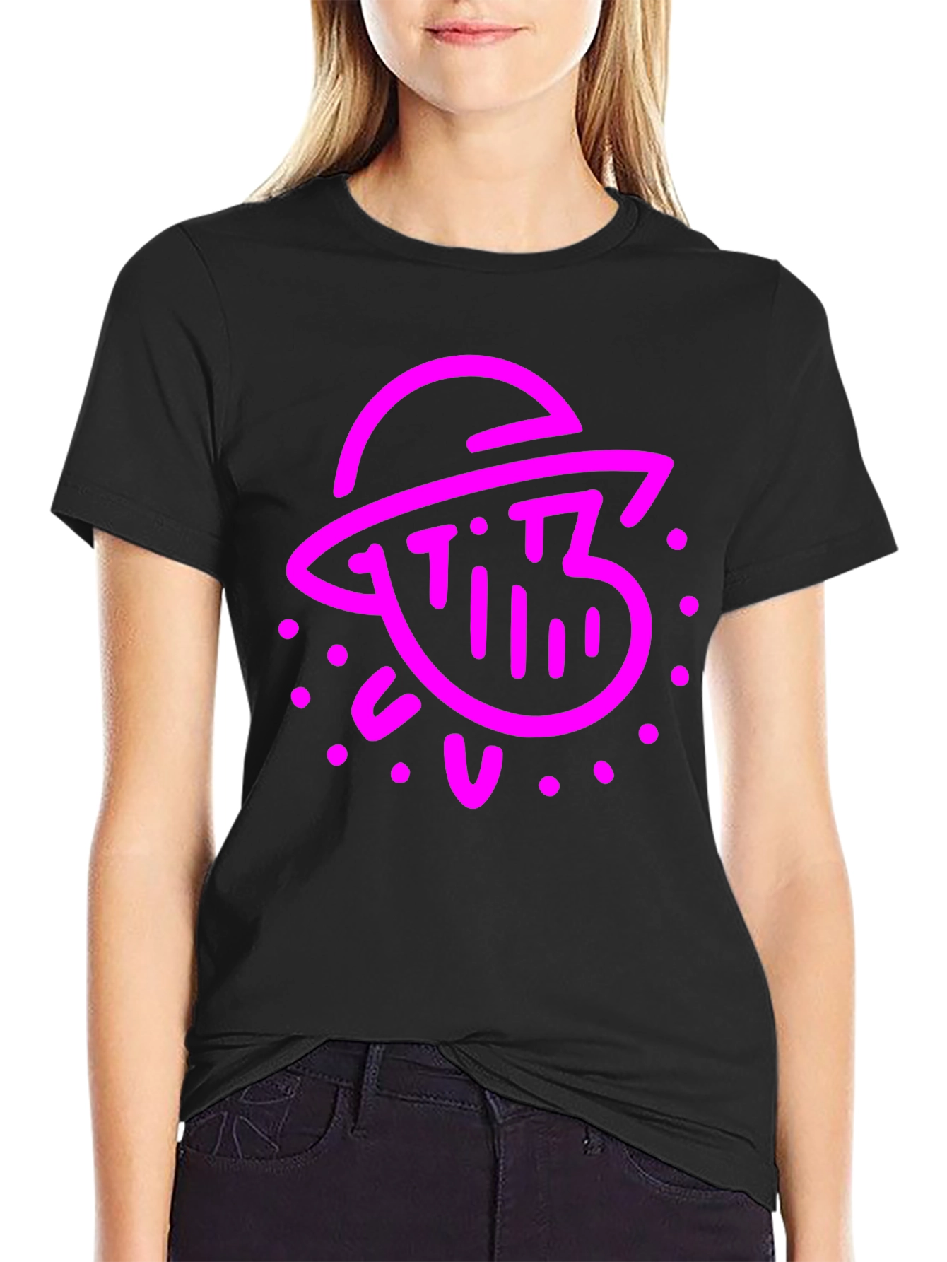 Retro Pink Alien Graphic Black T-Shirt