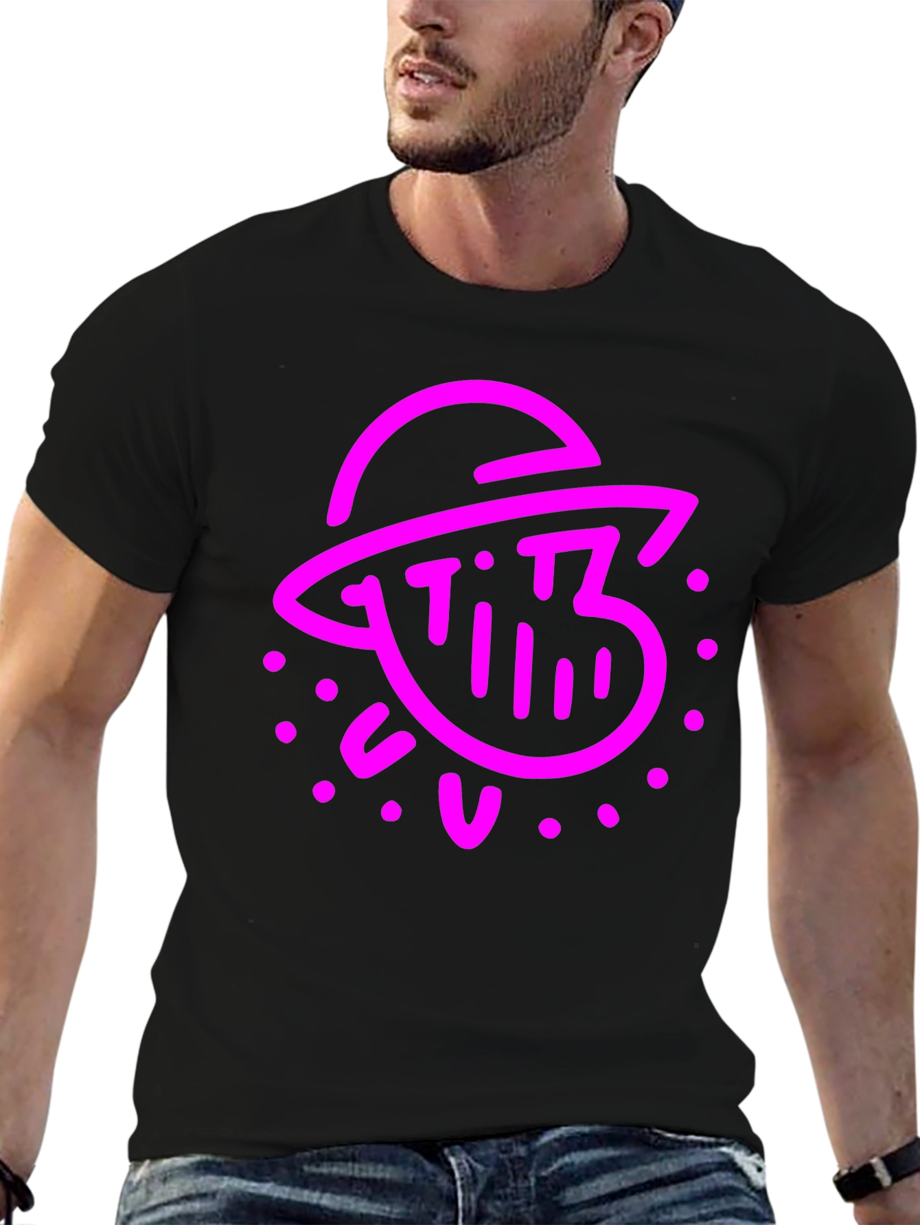Retro Pink Alien Graphic Black T-Shirt