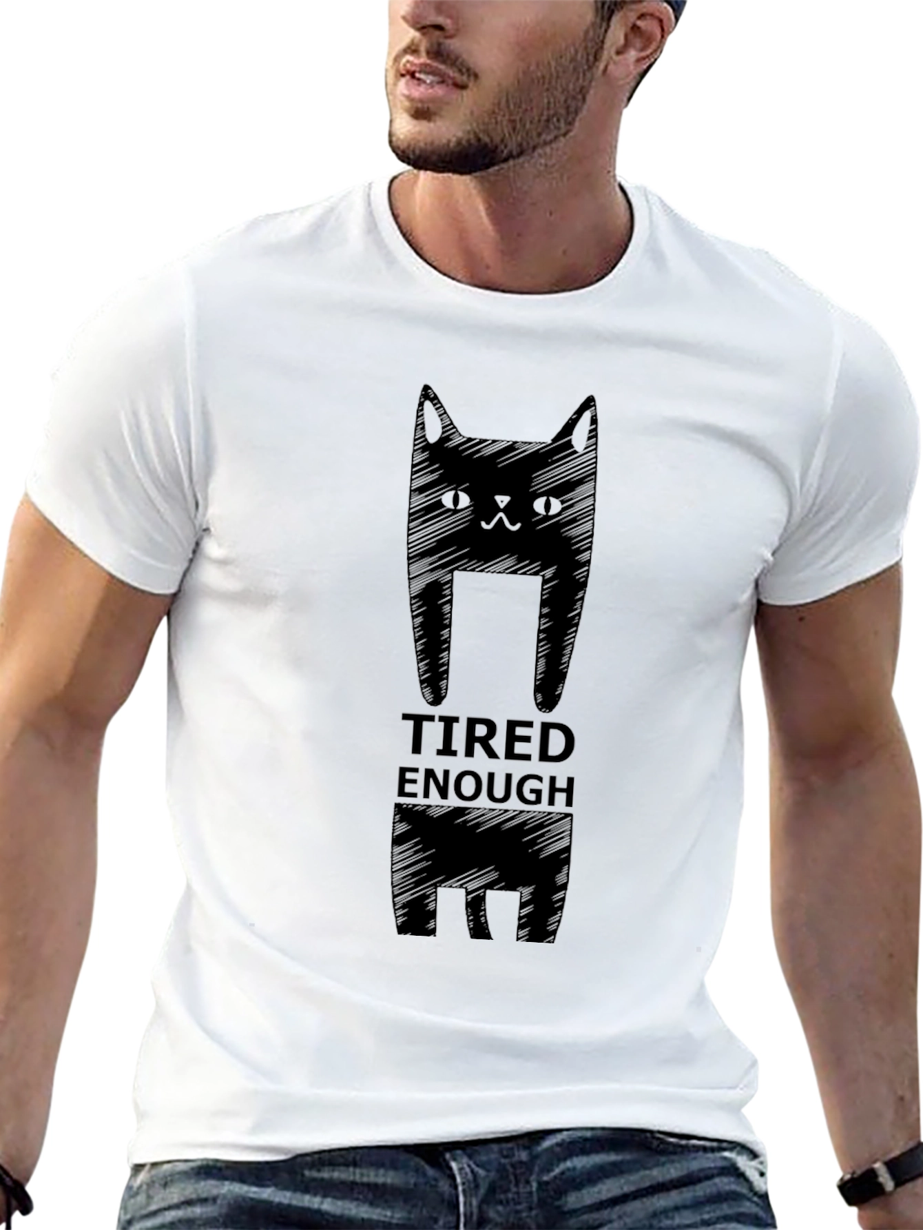 Tired Enough Cat Graphic Tee - Mens Black T-Shirt