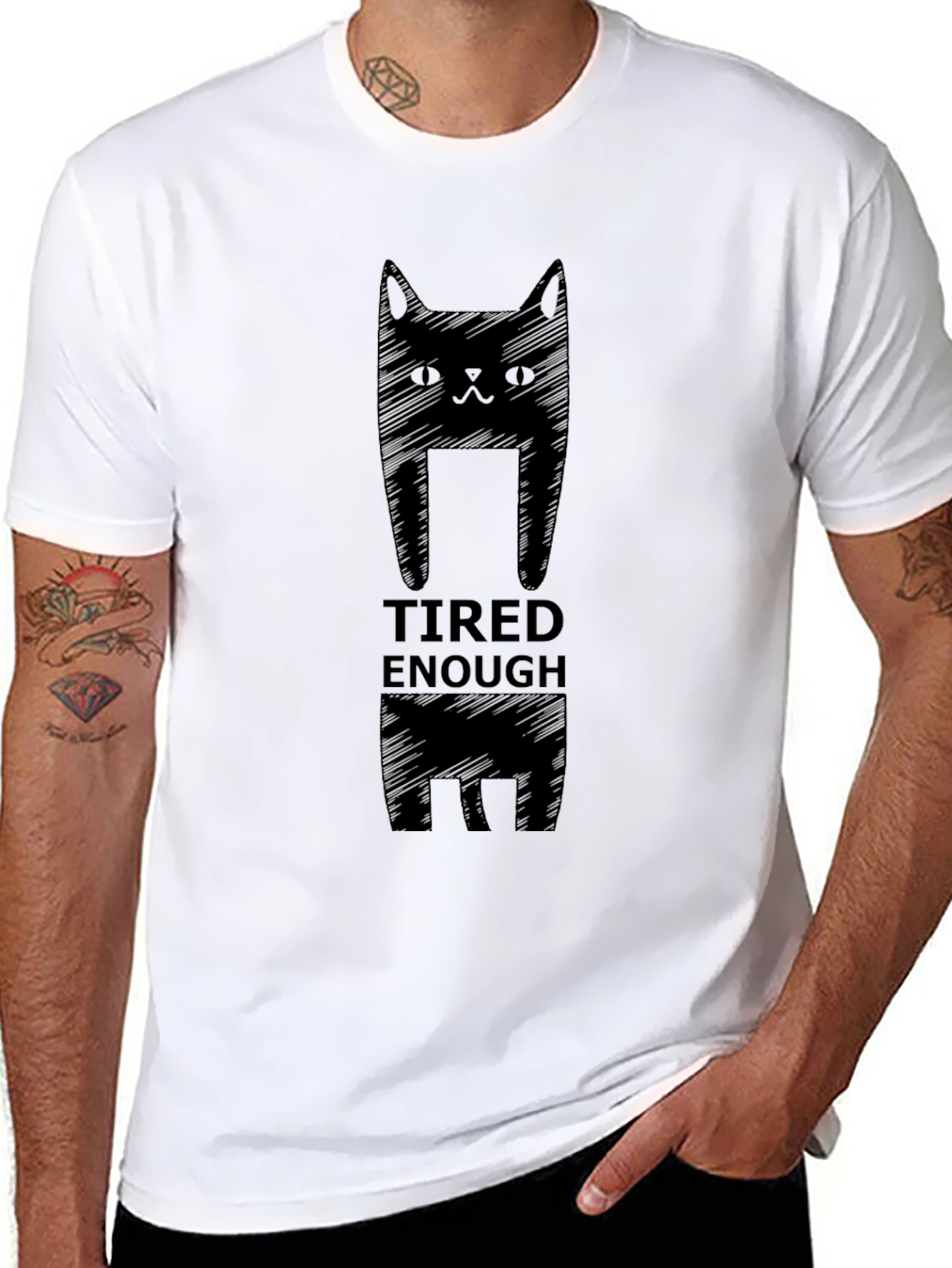 Tired Enough Cat Graphic Tee - Mens Black T-Shirt