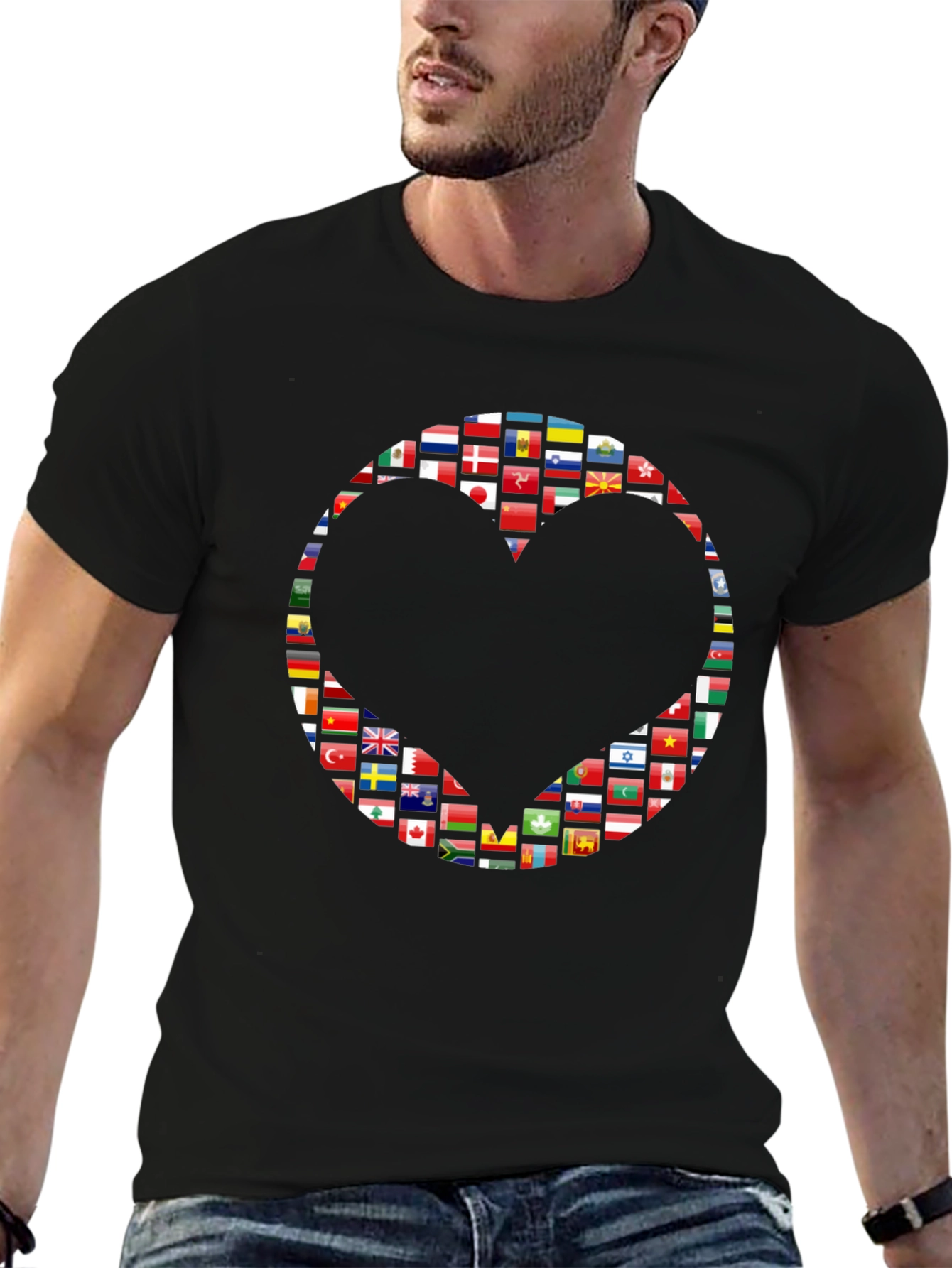 World Flags Heart Graphic Black T-Shirt