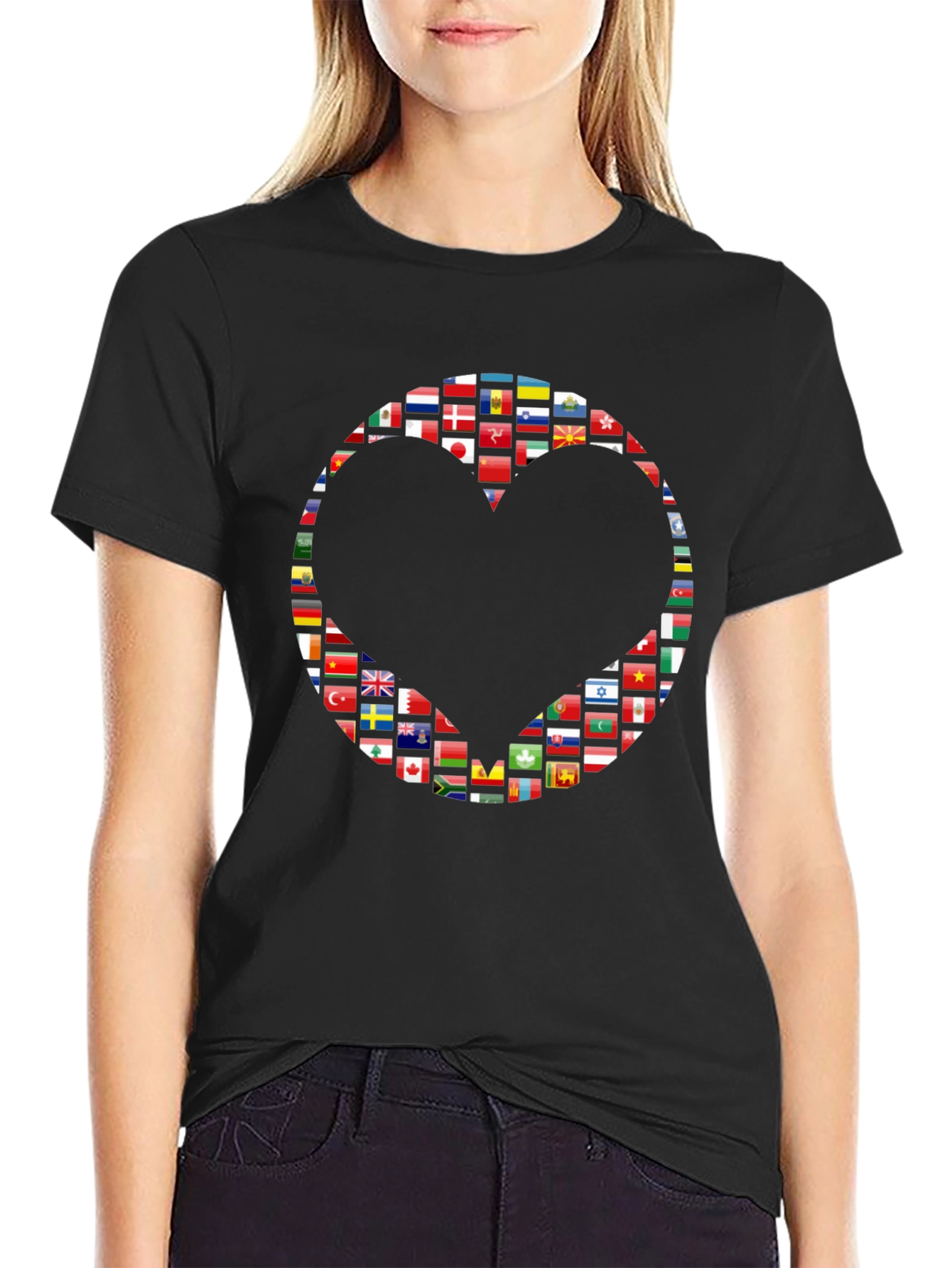World Flags Heart Graphic Black T-Shirt