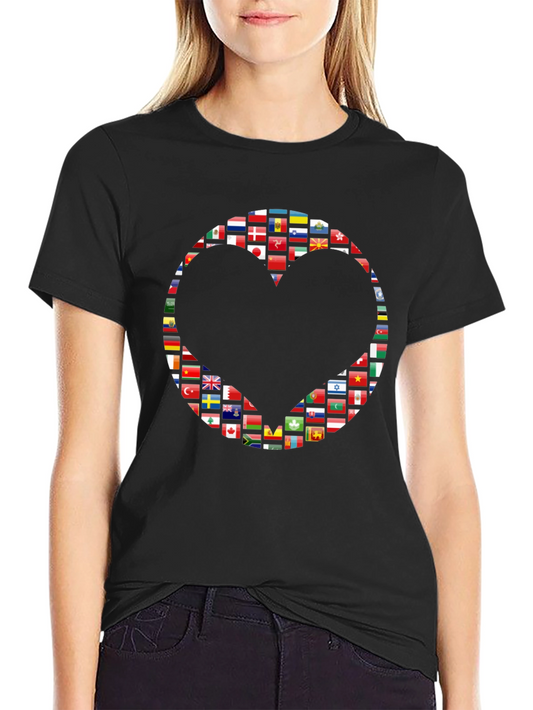 World Flags Heart Graphic Black T-Shirt