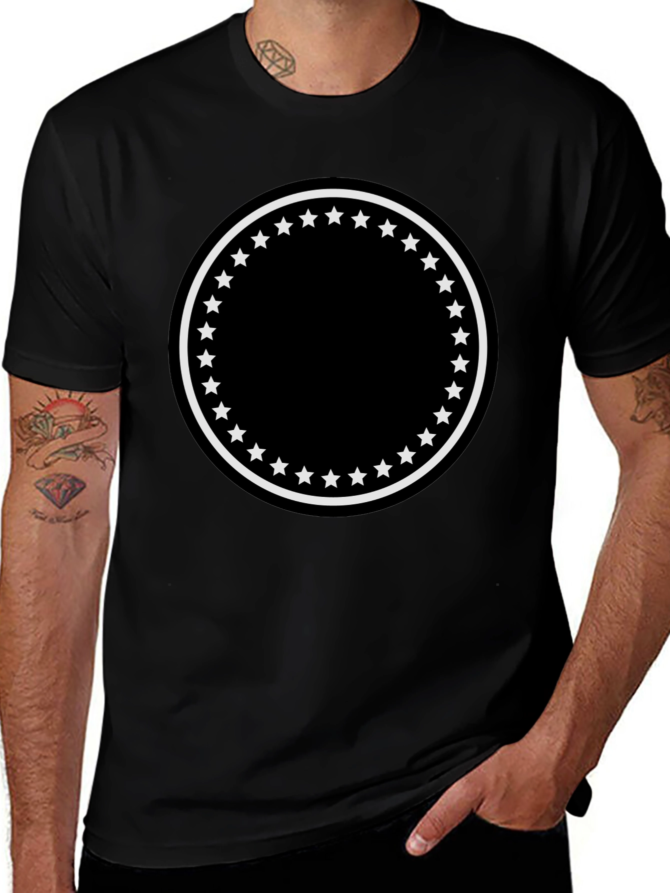 Mens Black T-Shirt with Star Circle Design
