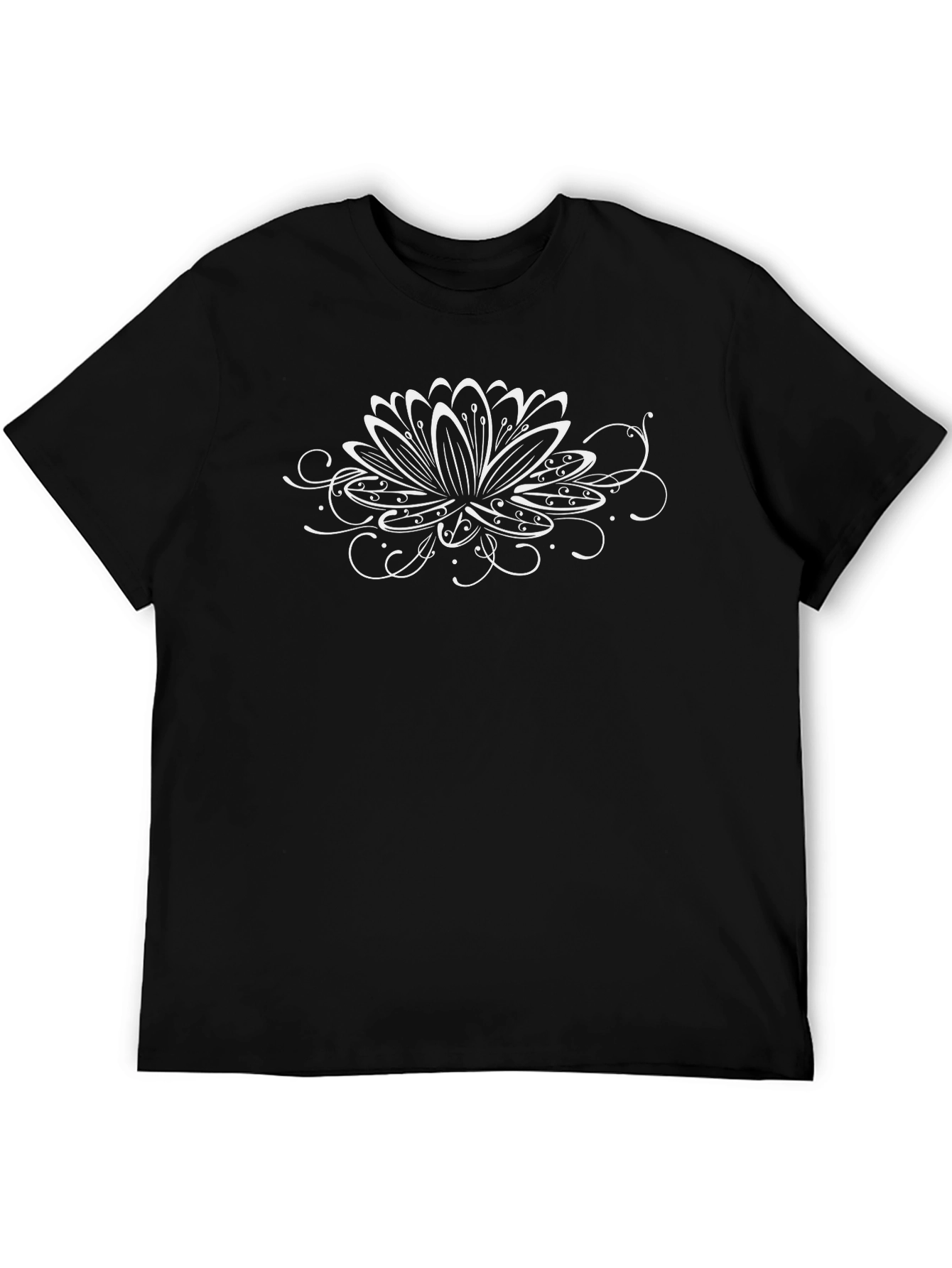 Black Tee with White Floral Lotus Design