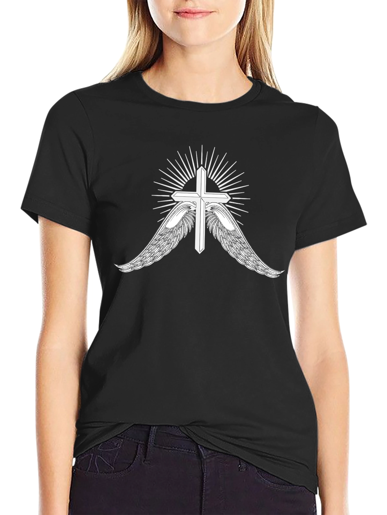 Mens Black T-Shirt with Cross and Wings Graphic