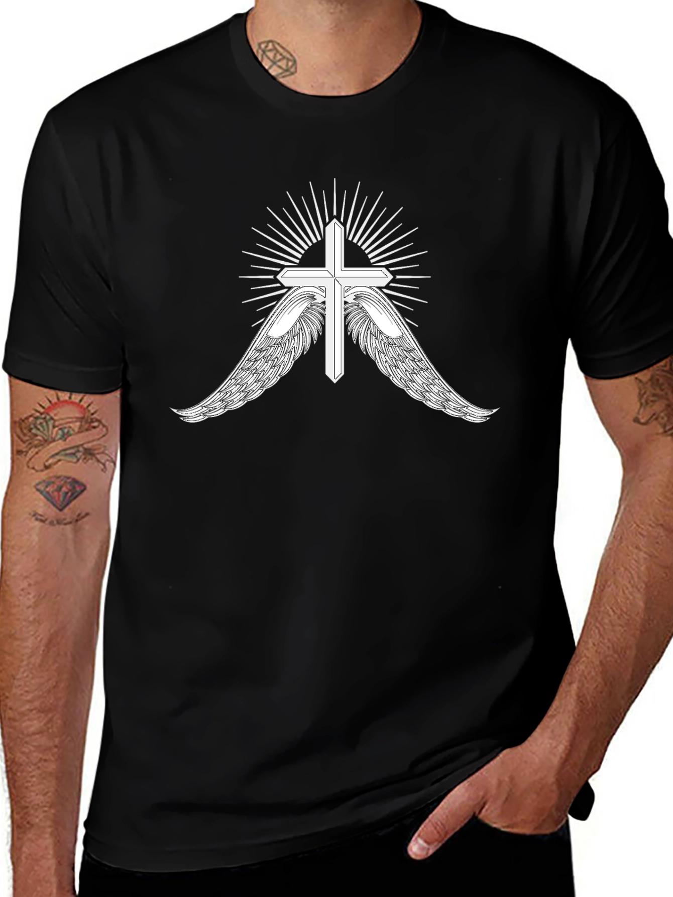 Mens Black T-Shirt with Cross and Wings Graphic