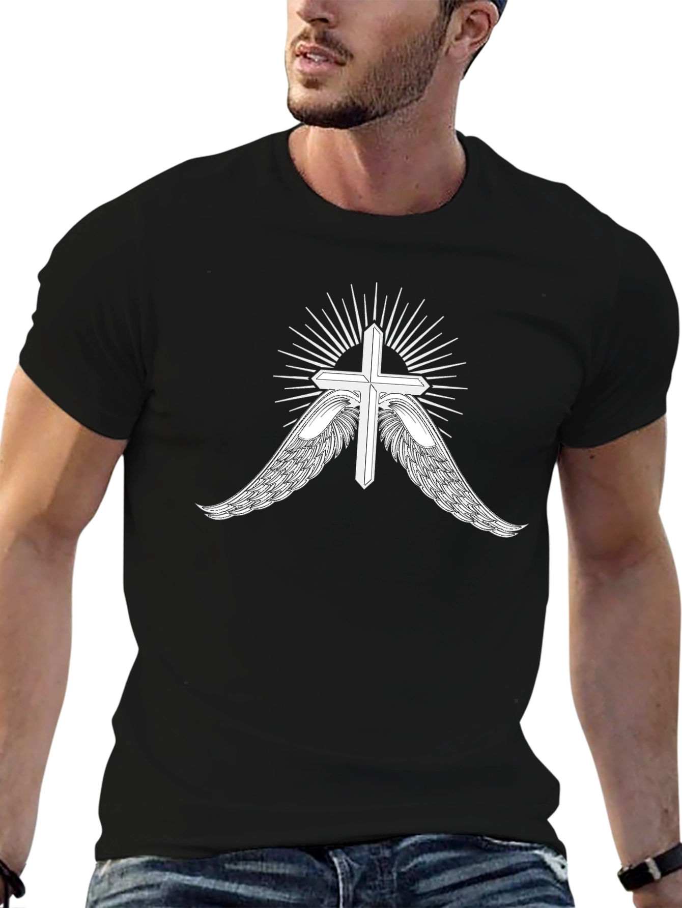 Mens Black T-Shirt with Cross and Wings Graphic