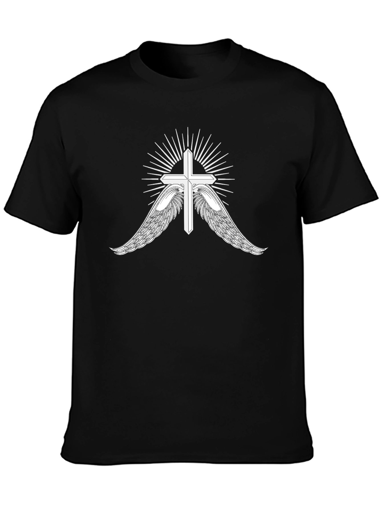 Mens Black T-Shirt with Cross and Wings Graphic