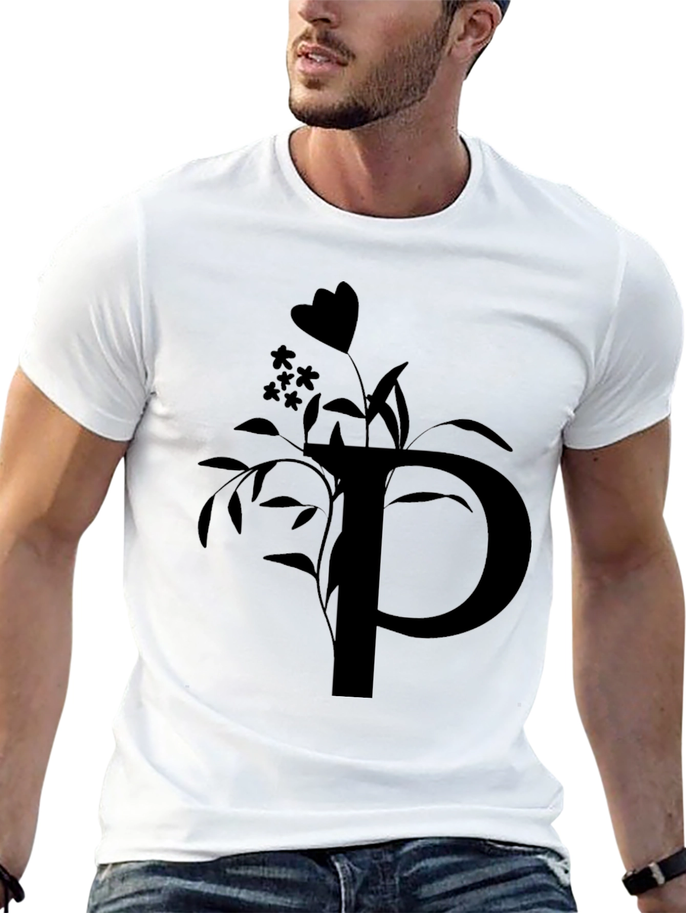 Black T-Shirt with Floral P Initial
