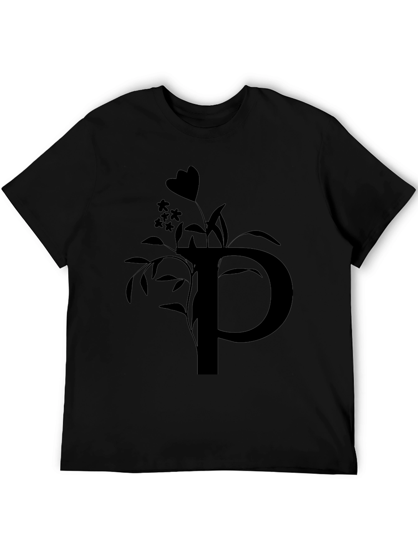 Black T-Shirt with Floral P Initial