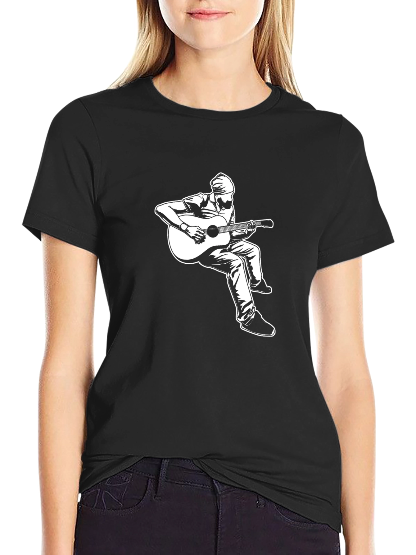 Guitar Player Graphic Tee - Black Cotton Shirt