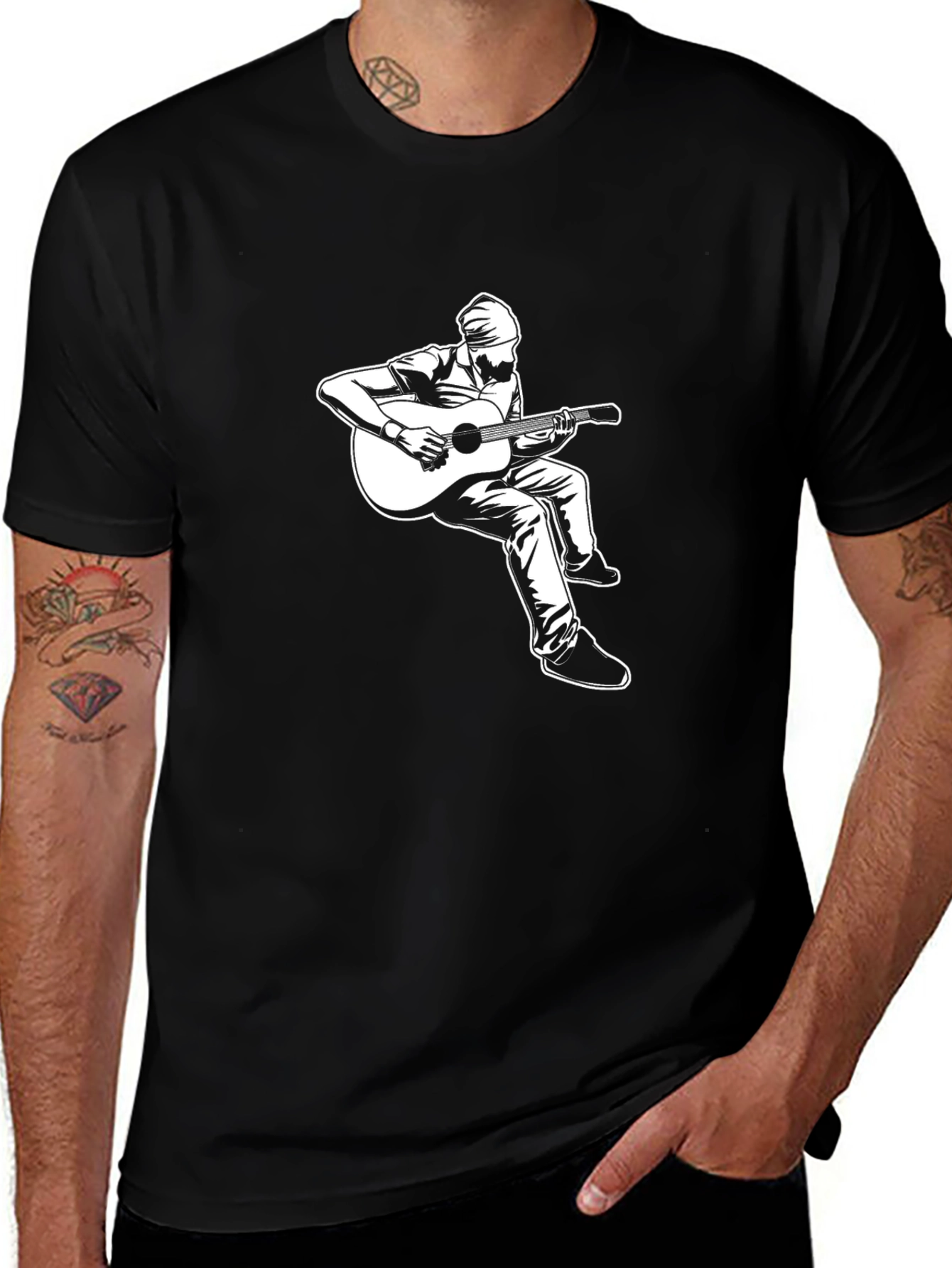 Guitar Player Graphic Tee - Black Cotton Shirt