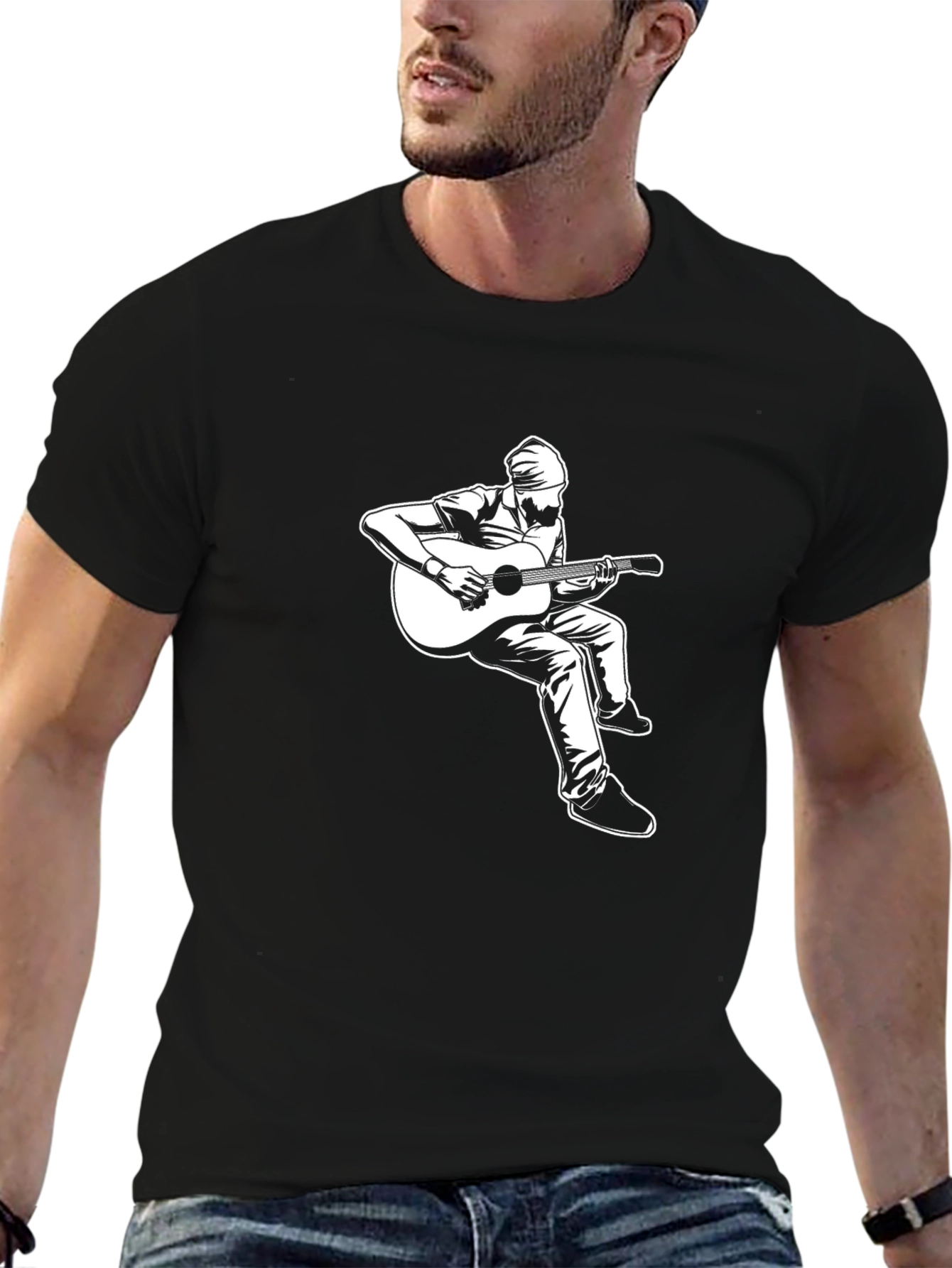 Guitar Player Graphic Tee - Black Cotton Shirt