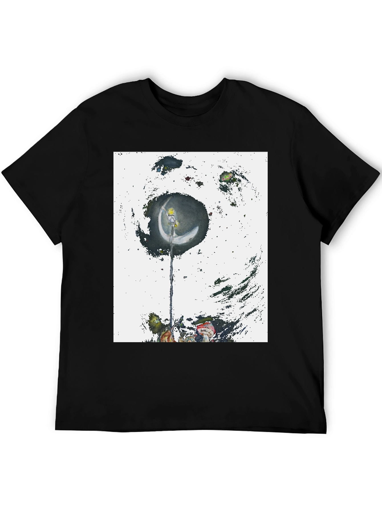 Artistic Crescent Moon Graphic Black T-Shirt