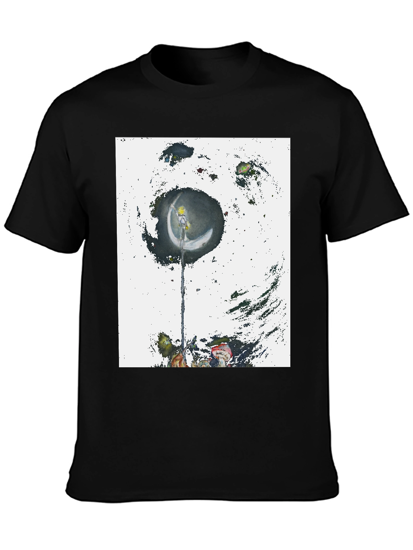 Artistic Crescent Moon Graphic Black T-Shirt