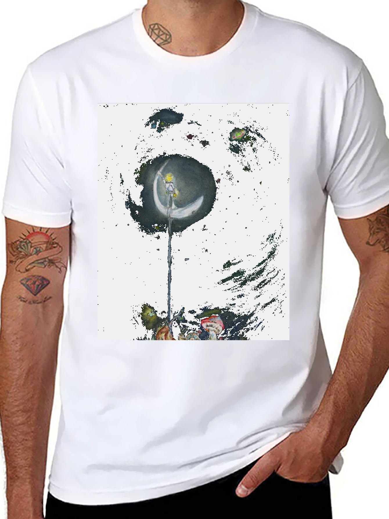 Artistic Crescent Moon Graphic Black T-Shirt