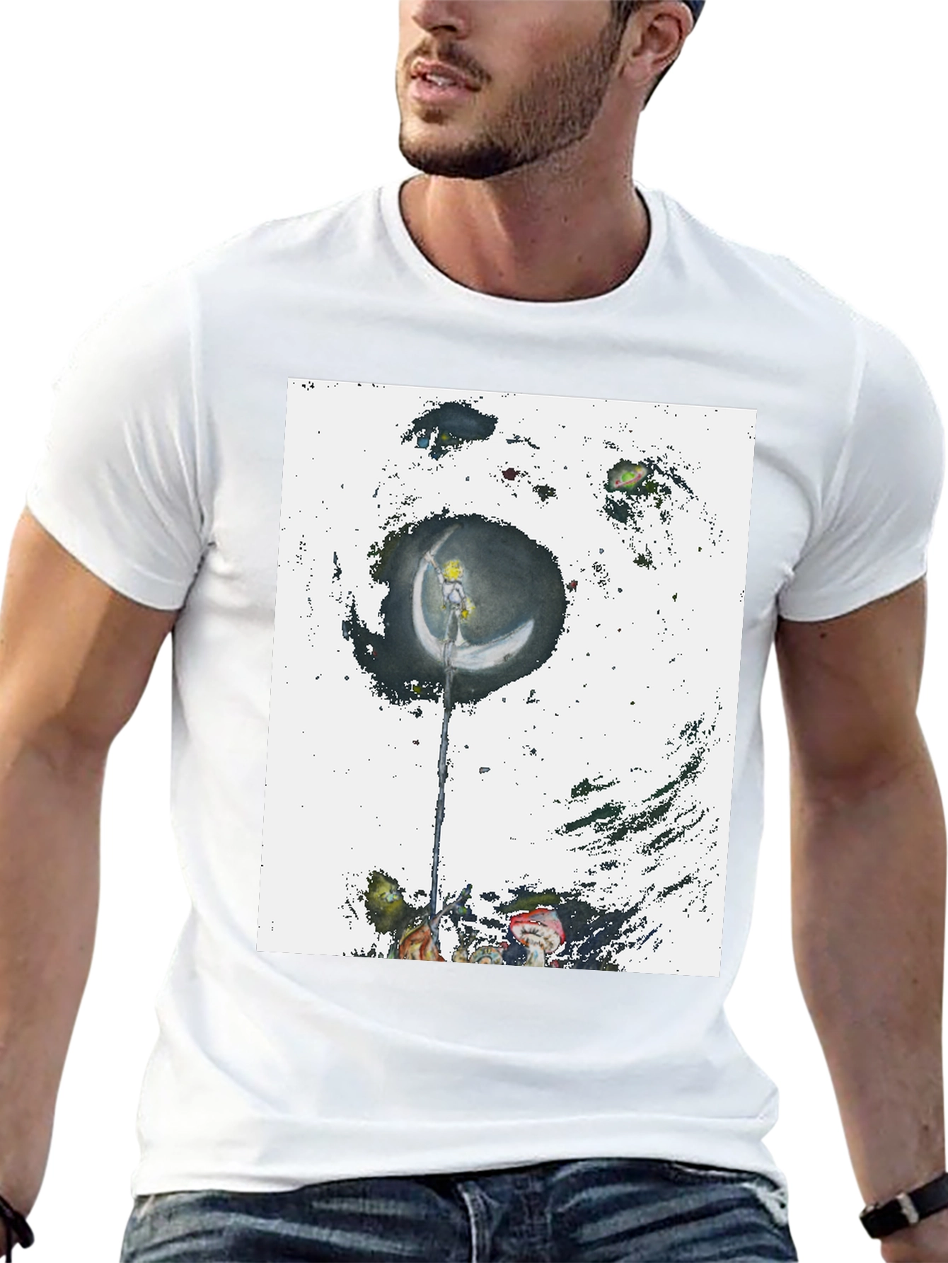 Artistic Crescent Moon Graphic Black T-Shirt