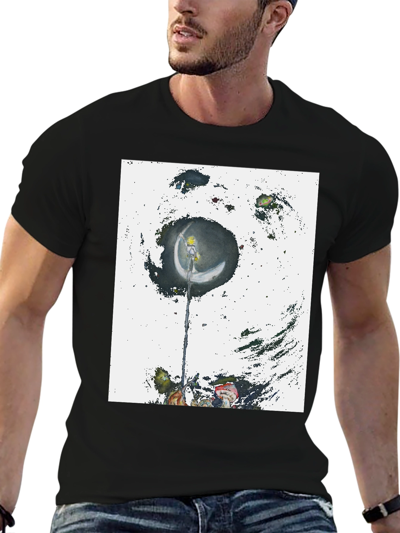 Artistic Crescent Moon Graphic Black T-Shirt