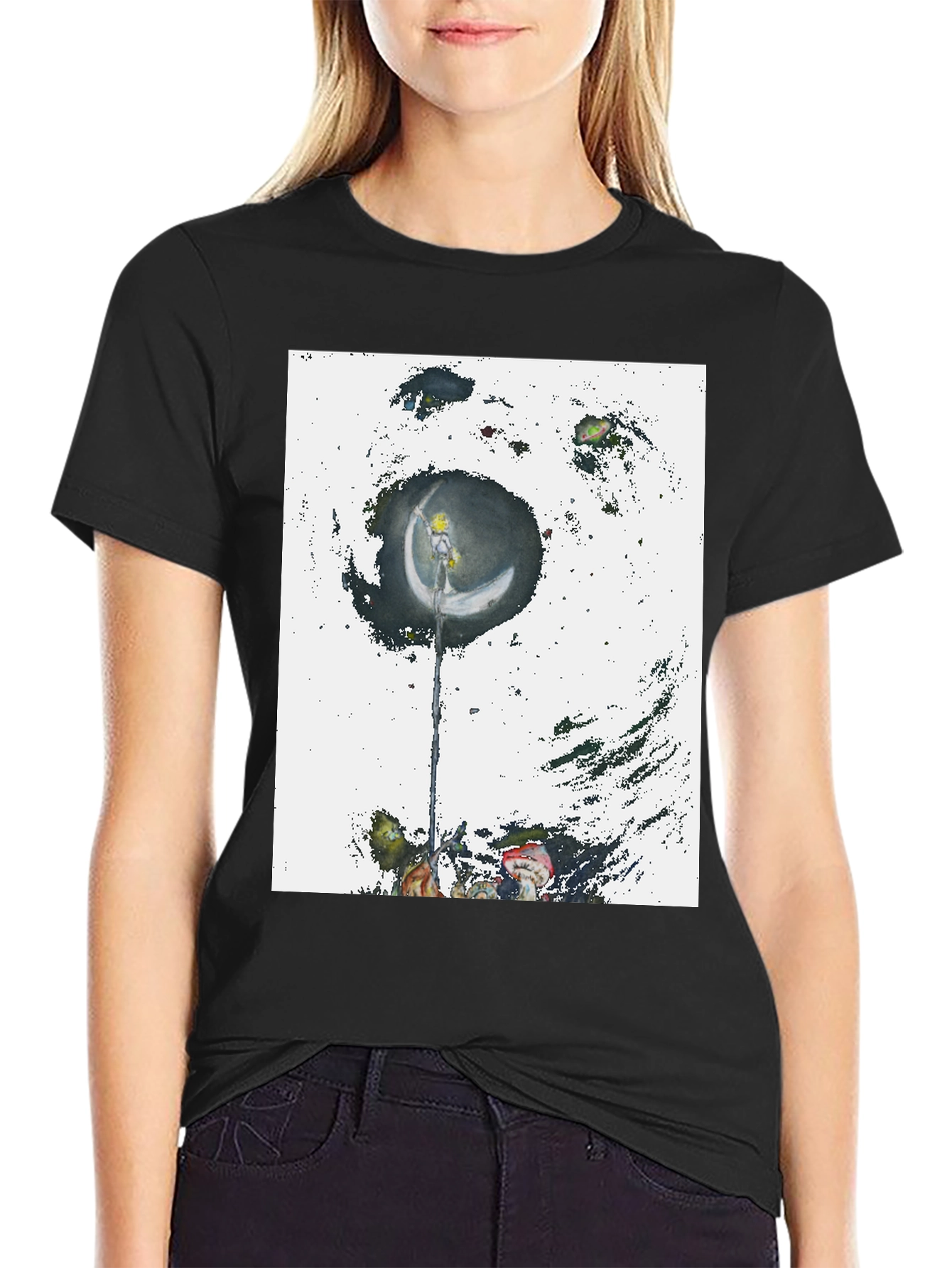 Artistic Crescent Moon Graphic Black T-Shirt