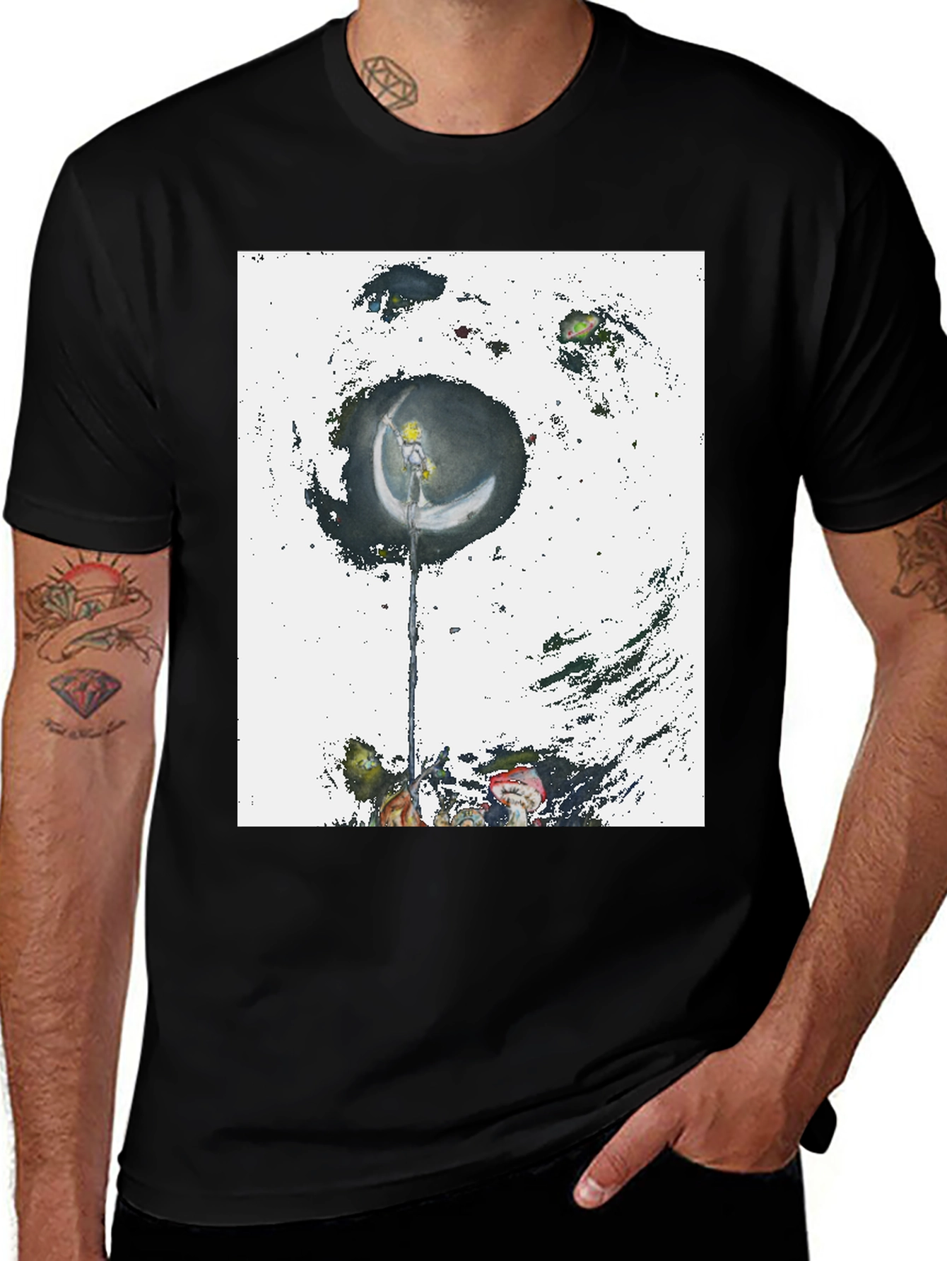 Artistic Crescent Moon Graphic Black T-Shirt