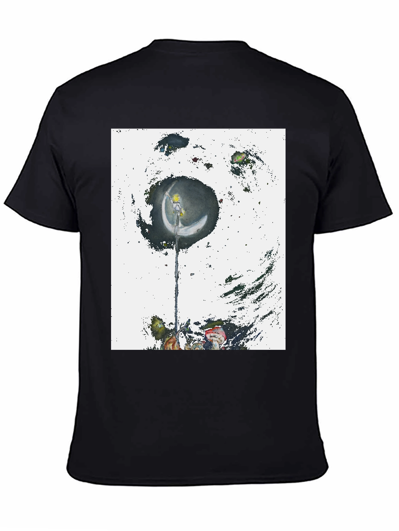 Artistic Crescent Moon Graphic Black T-Shirt