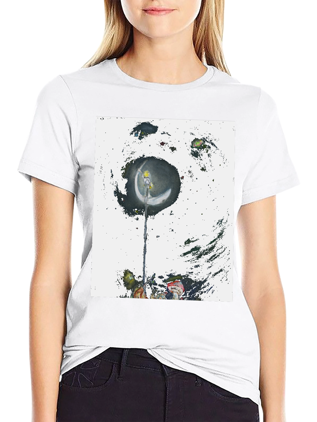 Artistic Crescent Moon Graphic Black T-Shirt