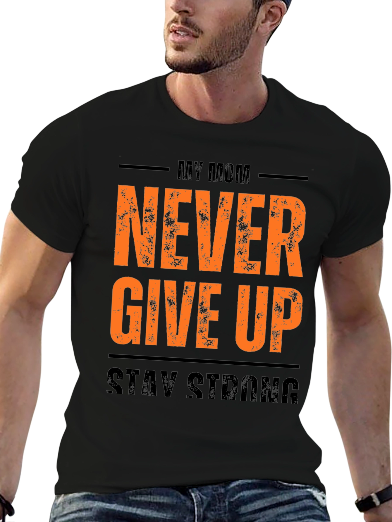 My Mom Never Give Up Mens Black Graphic Tee