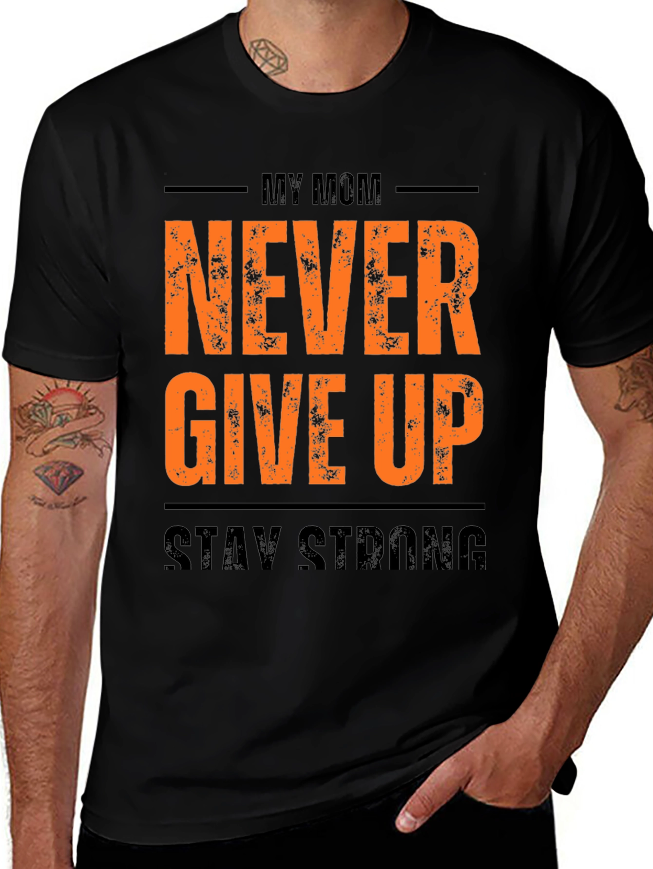 My Mom Never Give Up Mens Black Graphic Tee