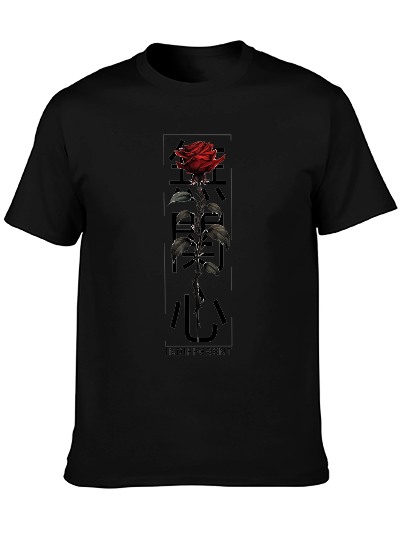 Black Graphic Tee: Rose & Japanese Text