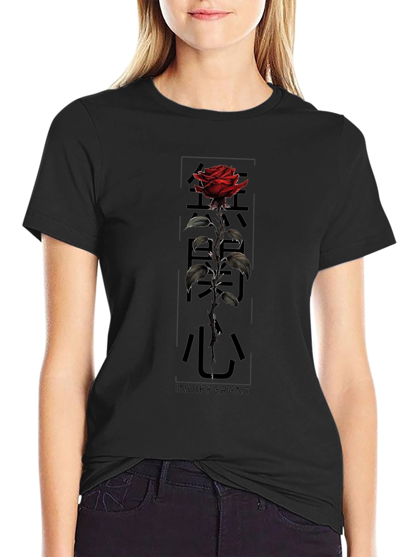 Black Graphic Tee: Rose & Japanese Text