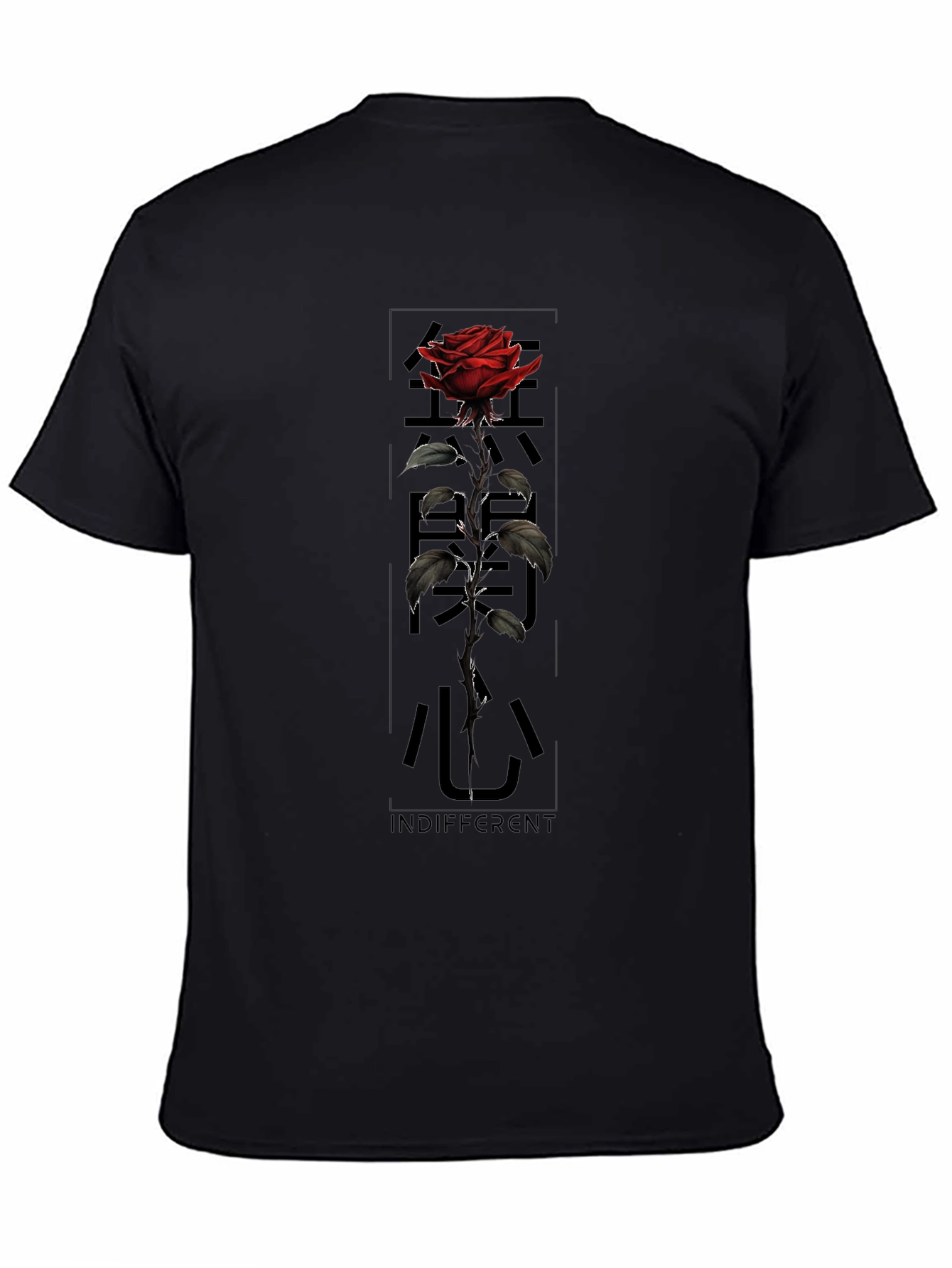 Black Graphic Tee: Rose & Japanese Text