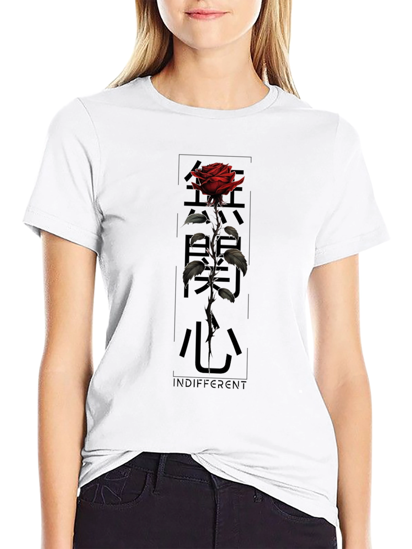 Black Graphic Tee: Rose & Japanese Text