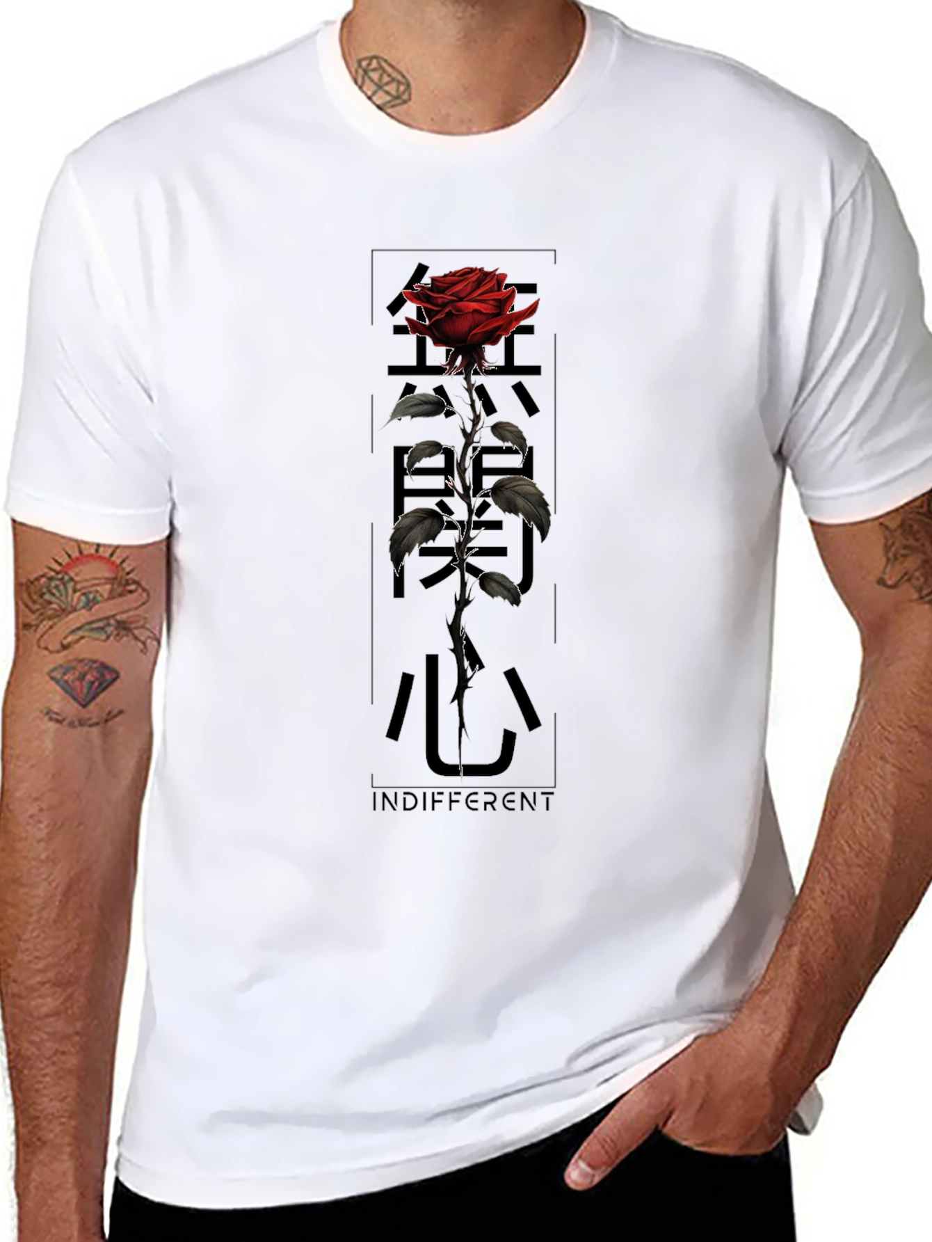 Black Graphic Tee: Rose & Japanese Text