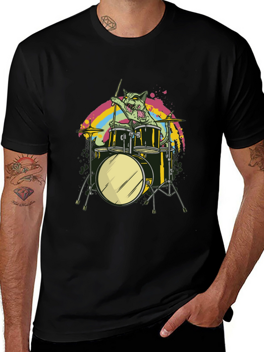 Cat Drummer Graphic Tee - Cool Music T-Shirt