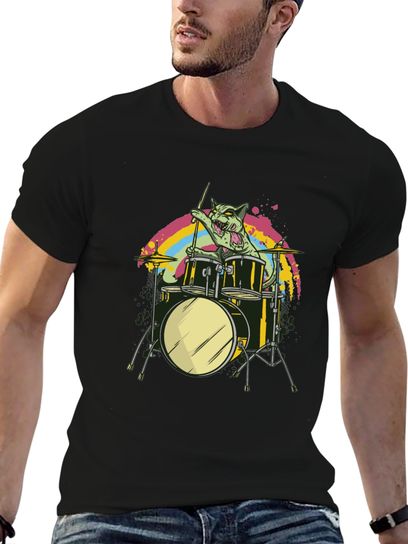 Cat Drummer Graphic Tee - Cool Music T-Shirt