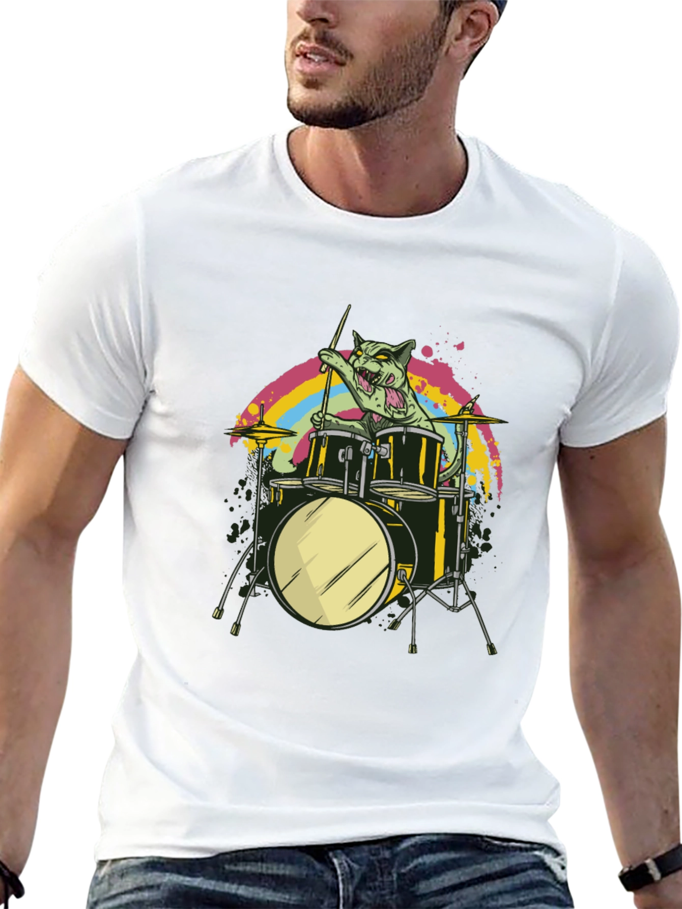 Cat Drummer Graphic Tee - Cool Music T-Shirt