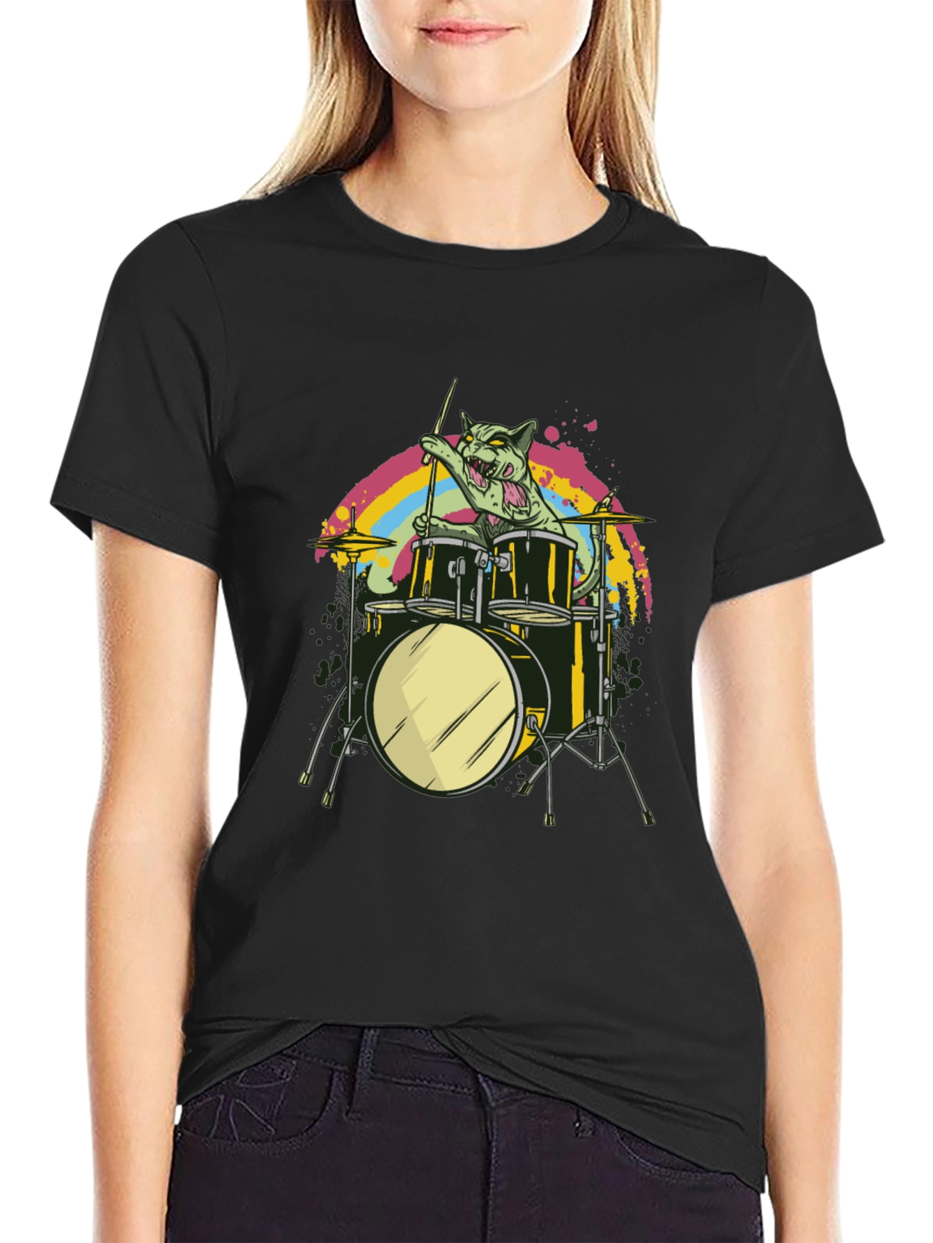 Cat Drummer Graphic Tee - Cool Music T-Shirt