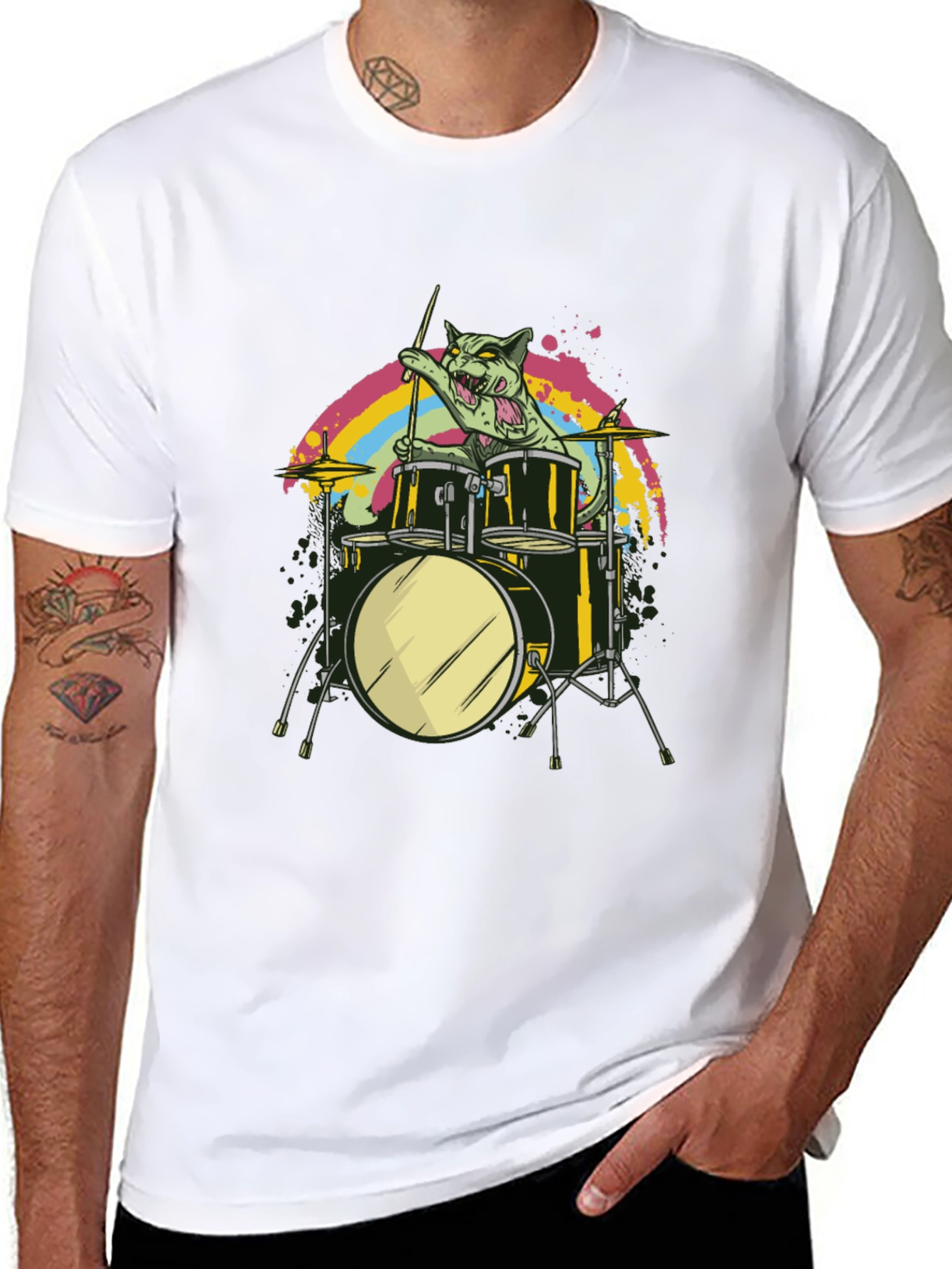 Cat Drummer Graphic Tee - Cool Music T-Shirt
