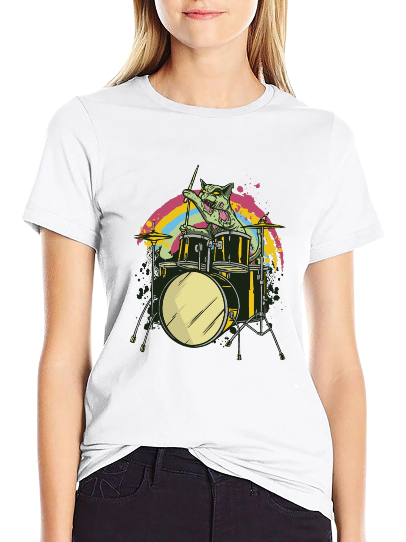 Cat Drummer Graphic Tee - Cool Music T-Shirt