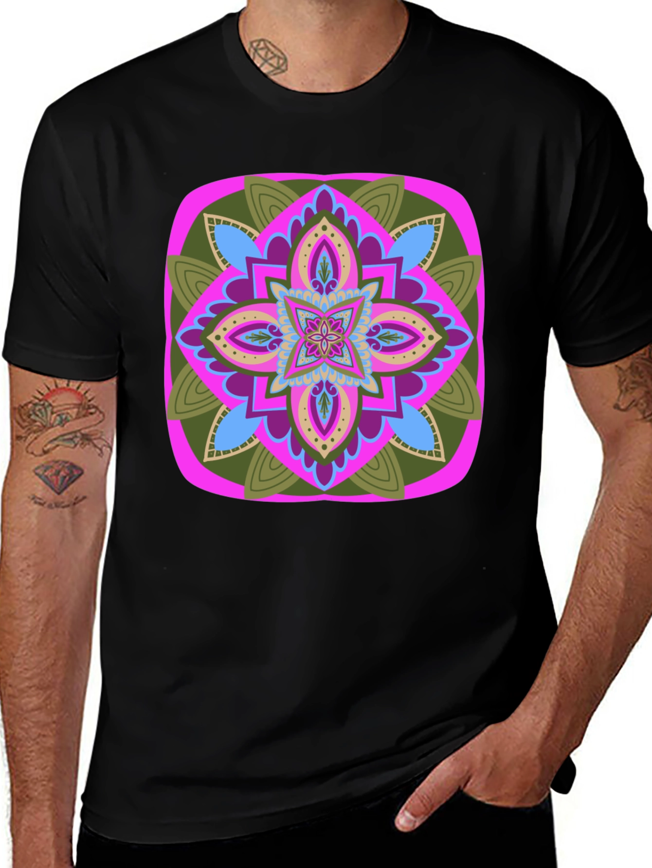 Geometric Mandala T-Shirt - Black Cotton Blend