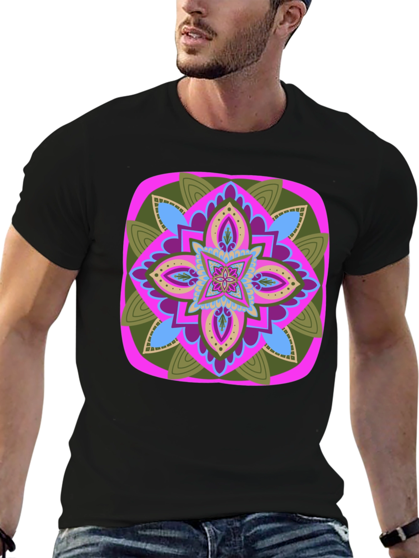 Geometric Mandala T-Shirt - Black Cotton Blend