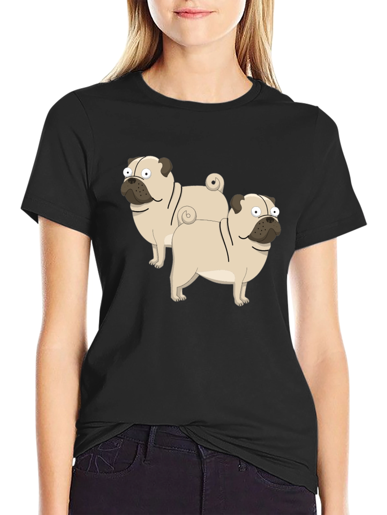 Cartoon Pug Graphic T-Shirt - Black Cotton Blend